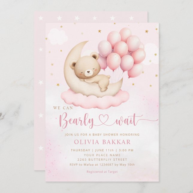 Boho Teddy Bear Girl Pink Bearly Wait Baby Shower Invitation (Front/Back)
