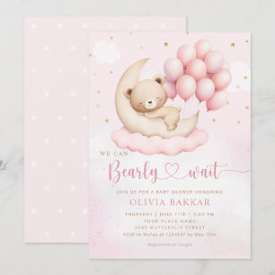 Boho Teddy Bear Girl Pink Bearly Wait Baby Shower Invitation