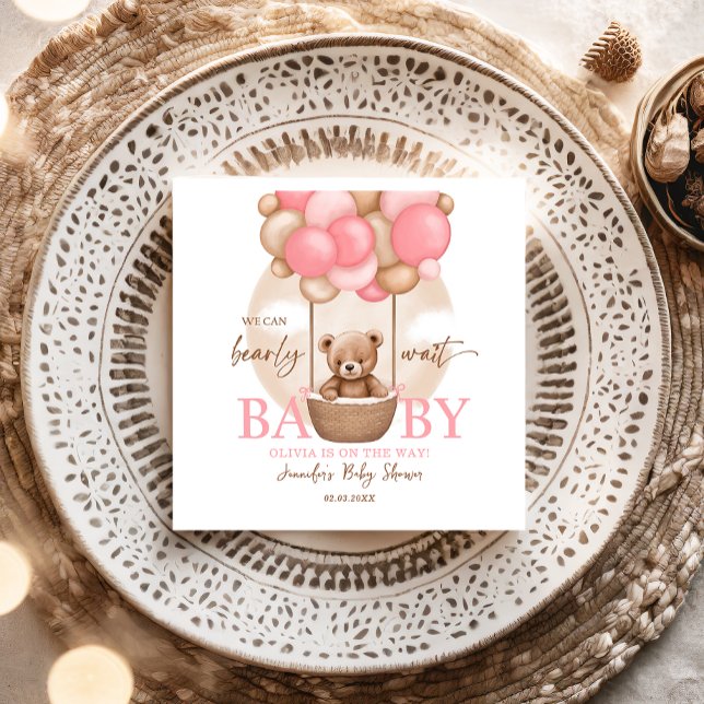 Boho Teddy Bear Girl Pink Bearly Wait Baby Shower  Napkin (Creator Uploaded)