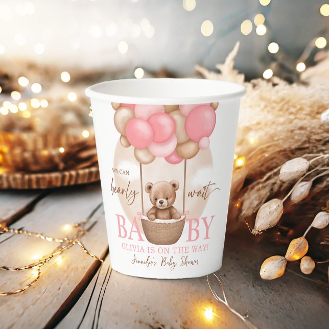 Boho Teddy Bear Girl Pink Bearly Wait Baby Shower  Paper Cups (Creator Uploaded)