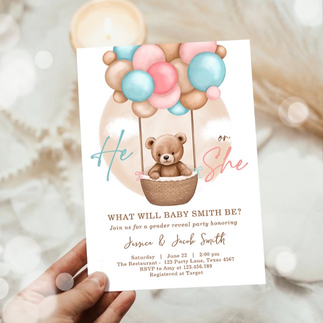 Boho Teddy Bear He She Boy or Girl Gender Reveal Invitation (Creator Uploaded)