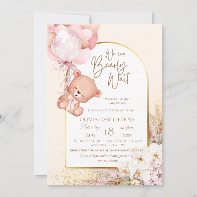 Boho Teddy Bear Modern and floral Baby Shower Invitation (Front)