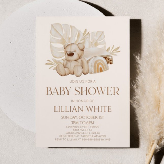 Boho Teddy Bear Nursery Floral Leaves Baby Shower Invitation (Creator Uploaded)