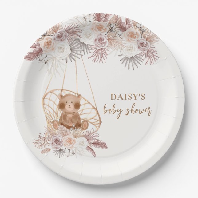 Boho Teddy Bear Pampas Flower Baby Shower  Paper Plate (Front)