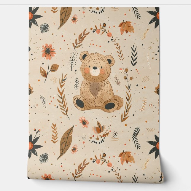 Boho Teddy Bear Pattern Baby Nursery Room  Wallpaper (Unrolling)