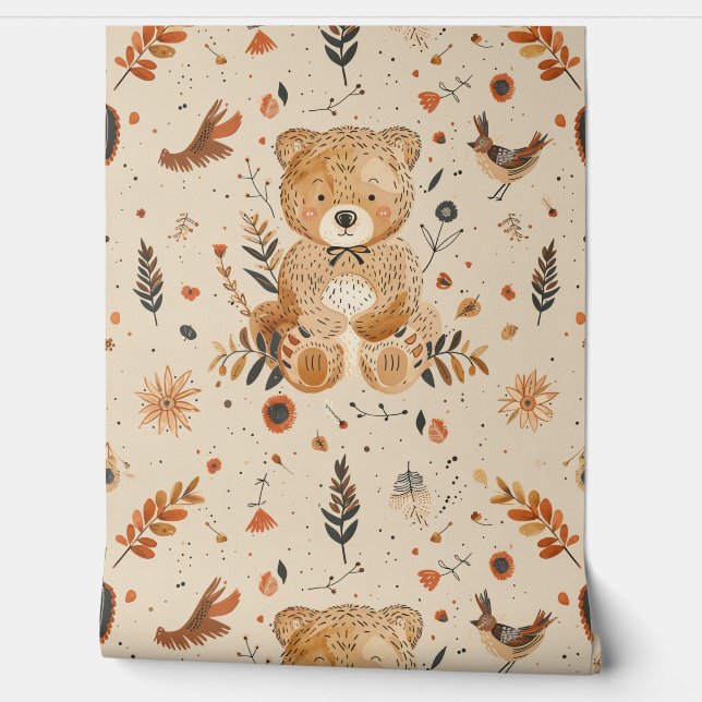 Boho Teddy Bear Pattern Baby Nursery Room  Wallpaper (Unrolling)