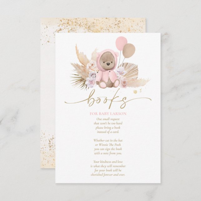Boho Teddy Bear Pink Baby Shower Books For Baby Enclosure Card (Front/Back)