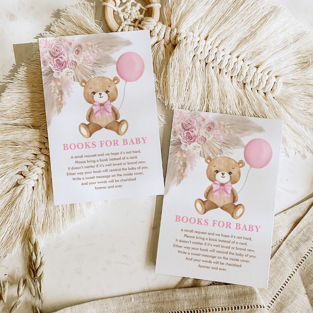 Boho Teddy Bear Pink Balloon Books for Baby Girl Enclosure Card (Creator Uploaded)