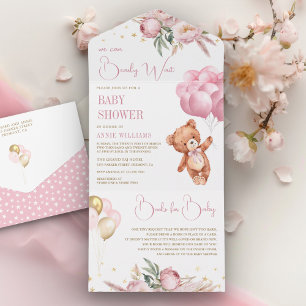 Boho Teddy Bear Pink Balloons Floral Baby Shower All In One Invitation