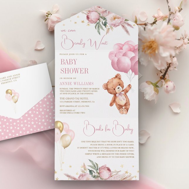 Boho Teddy Bear Pink Balloons Floral Baby Shower All In One Invitation (Creator Uploaded)