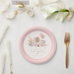 Boho Teddy Bear Pink Bearly Wait Baby Shower Paper Plate