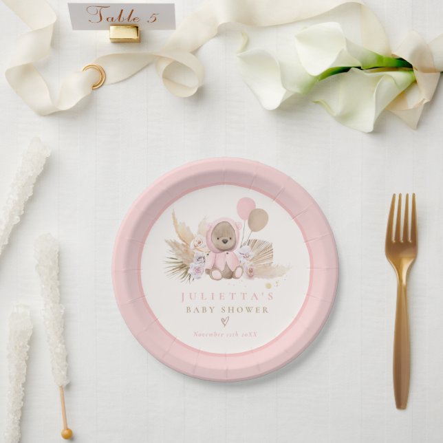 Boho Teddy Bear Pink Bearly Wait Baby Shower Paper Plate (Wedding)