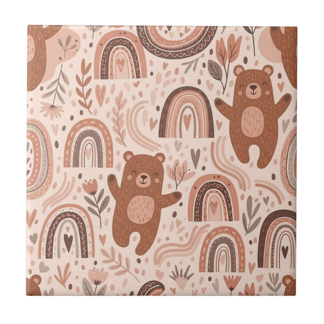 Boho Teddy Bear Rainbow Brown Beige Blush Tile (Front)