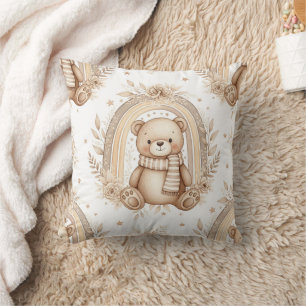 Boho Teddy Bear Rainbow Neutral Floral Cushion