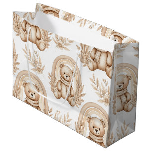 Boho Teddy Bear Rainbow Neutral Floral Large Gift Bag