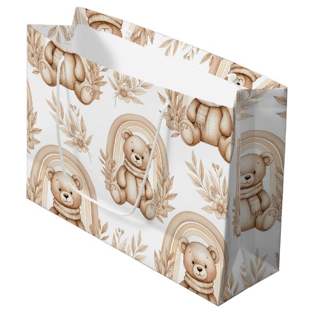 Boho Teddy Bear Rainbow Neutral Floral Large Gift Bag (Front Angled)