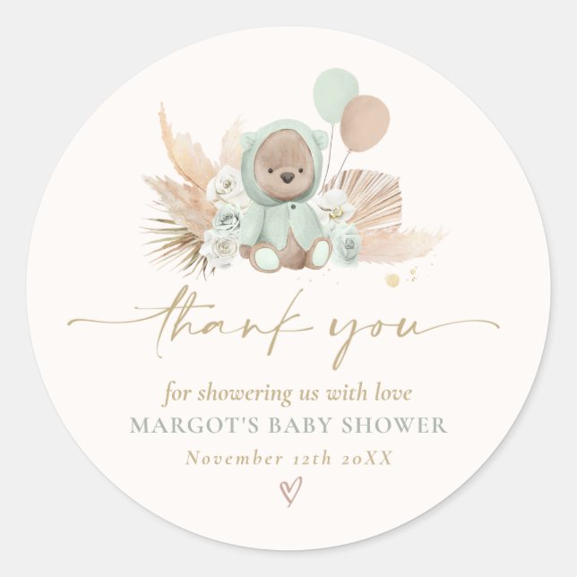 Boho Teddy Bear Sage Green Bearly Wait Baby Shower Classic Round Sticker (Front)