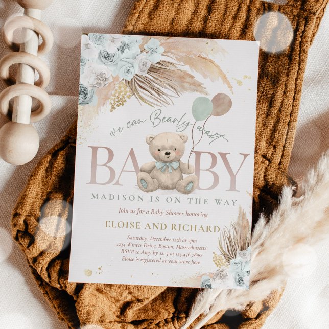 Boho Teddy Bear Sage Green Bearly Wait Baby Shower Invitation (Creator Uploaded)