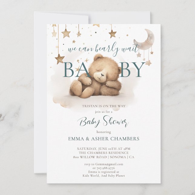 Boho Teddy Bear Stars Moon Baby Shower   Invitation (Front)