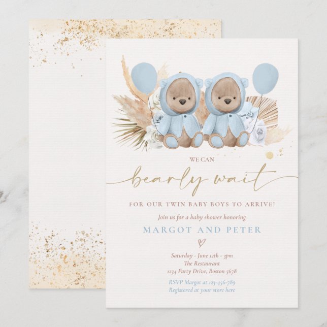 Boho Teddy Bear Twin Boys Bearly Wait Baby Shower Invitation (Front/Back)