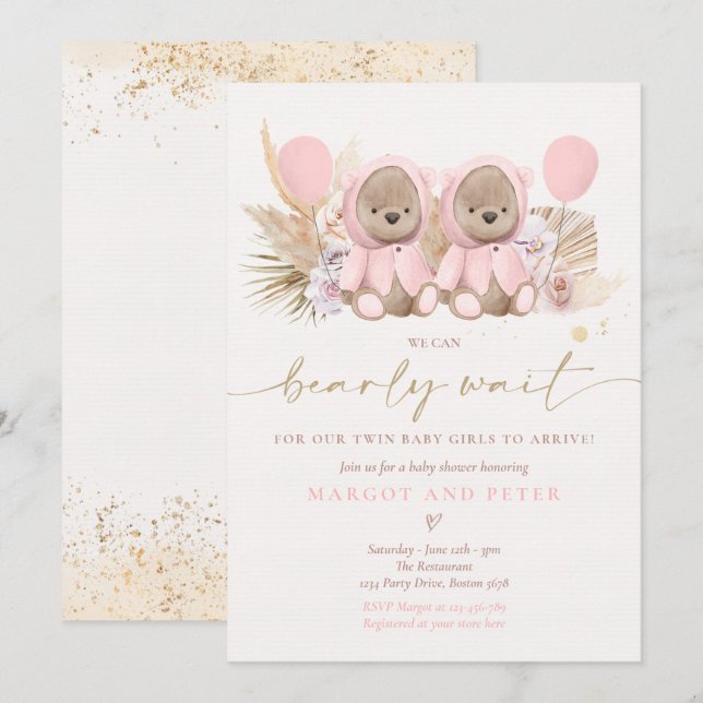 Boho Teddy Bear Twin Girls Bearly Wait Baby Shower Invitation (Front/Back)