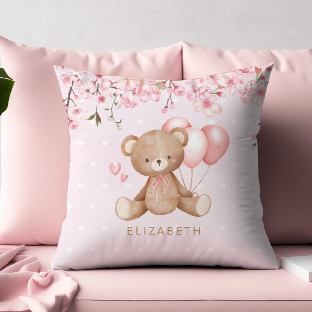 Boho Teddy Bear Watercolor Flowers Personalised  Cushion (Creator Uploaded)