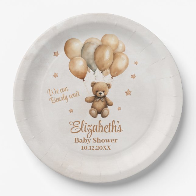 Boho Teddy Bear with Balloons Baby Shower  Paper Plate (Front)