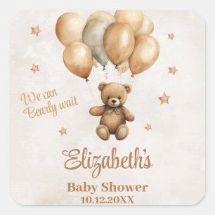 Boho Teddy Bear with Balloons Baby Shower  Square Sticker