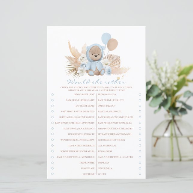 Boho Teddy Bear Would She Rather Baby Shower Game (Standing Front)
