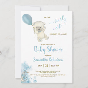 Boho Teddy Polar Bear Blue Balloon Boy Baby Shower Invitation