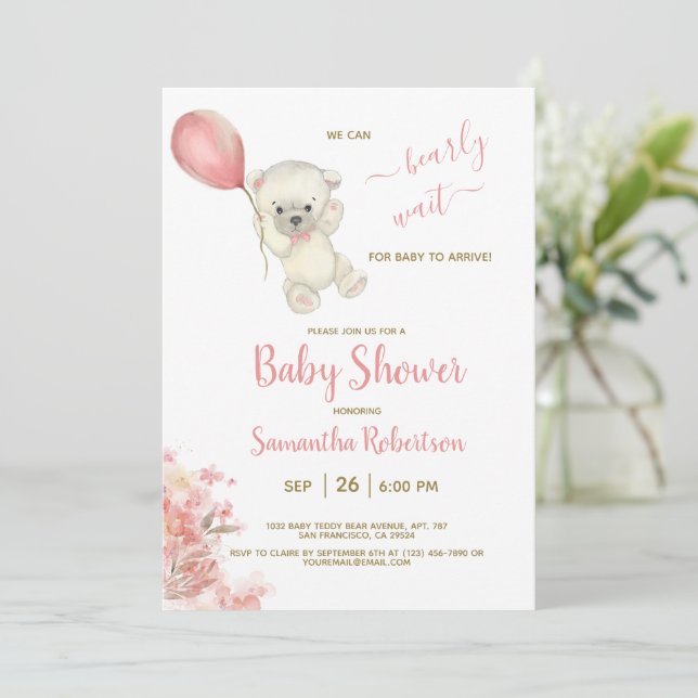 Boho Teddy Polar Bear Pink Balloon Baby Shower Invitation (Standing Front)