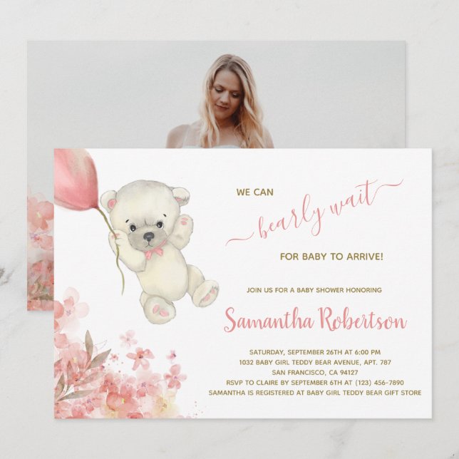 Boho Teddy Polar Bear Pink Pampa Grass Baby Shower Invitation (Front/Back)