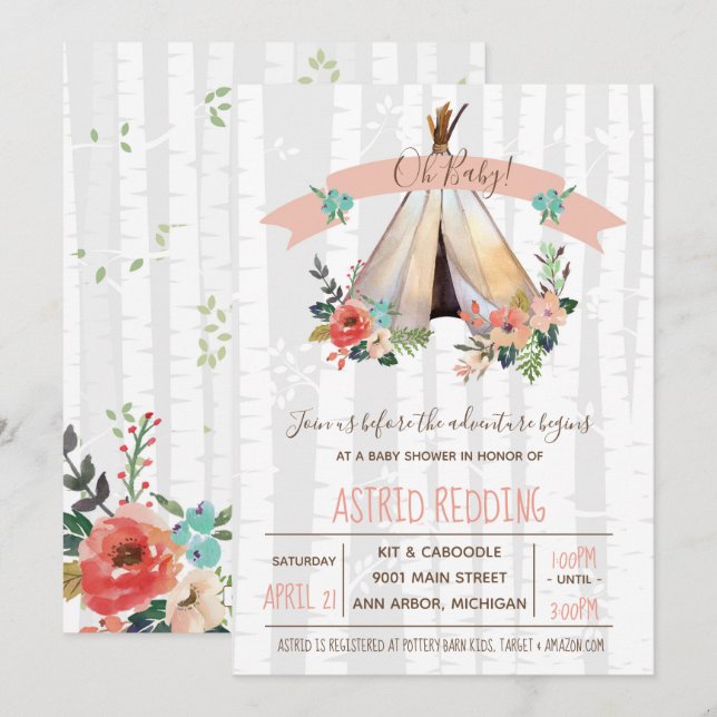 Boho Teepee Gender Neutral Rustic Baby Shower Invitation (Front/Back)