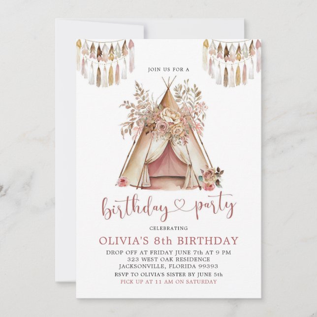 Boho Teepee Girl Floral Birthday Party Invitation (Front)