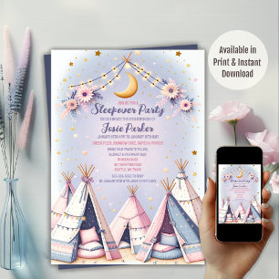 Boho Teepee Girly Sleepover Slumber Party Invitation