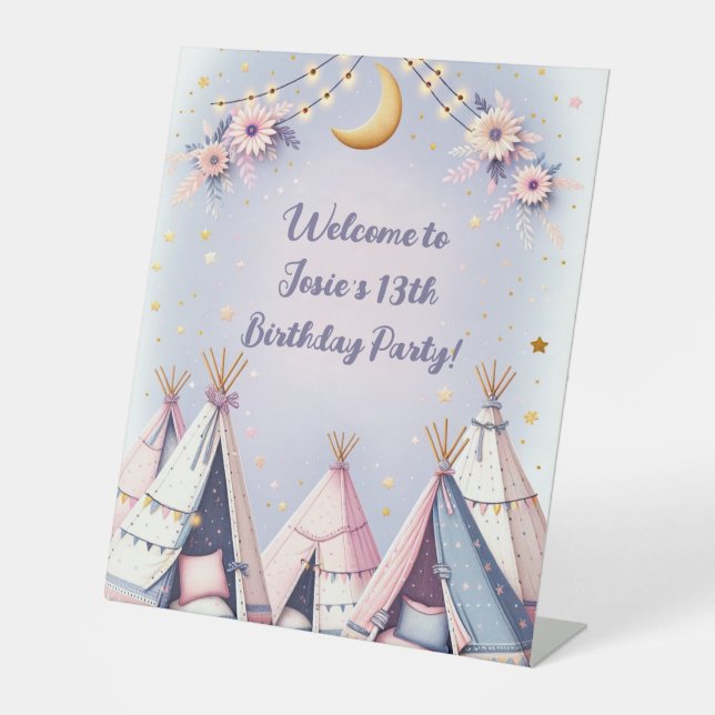 Boho Teepee Girly Sleepover Slumber Party Pedestal Sign (Front)