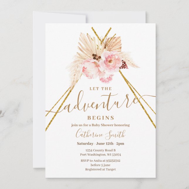 Boho Teepee Pampas Grass Adventure Baby Shower Invitation (Front)