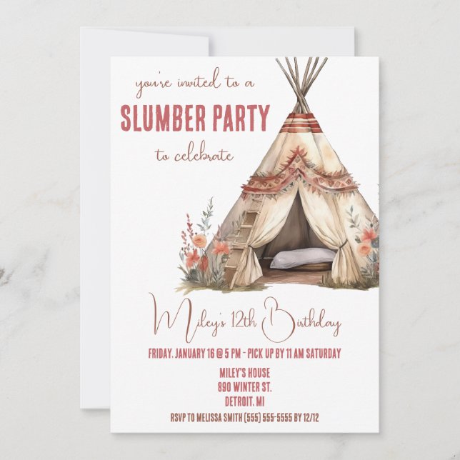 Boho TeePee Slumber Party, Sleepover, Birthday Invitation (Front)