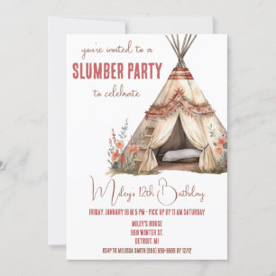 Boho TeePee Slumber Party, Sleepover, Birthday Invitation
