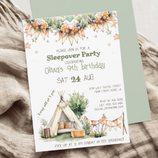 Boho teepee tent sleepover birthday party invitation