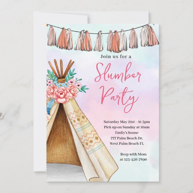 Boho Teepee Tent Sleepover Party Invitation (Front)