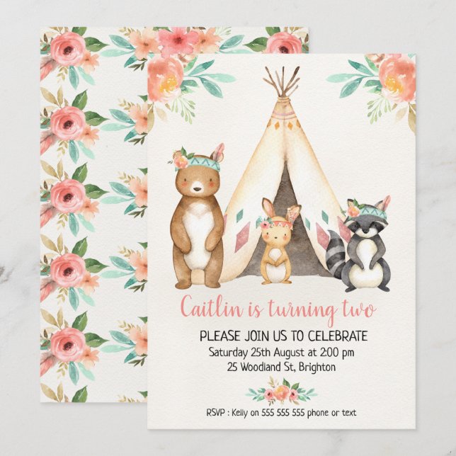 Boho Teepee Woodland Animals Birthday Invitation (Front/Back)
