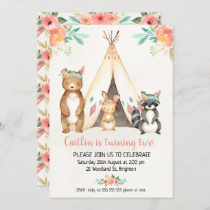 Boho Teepee Woodland Animals Birthday Invitation