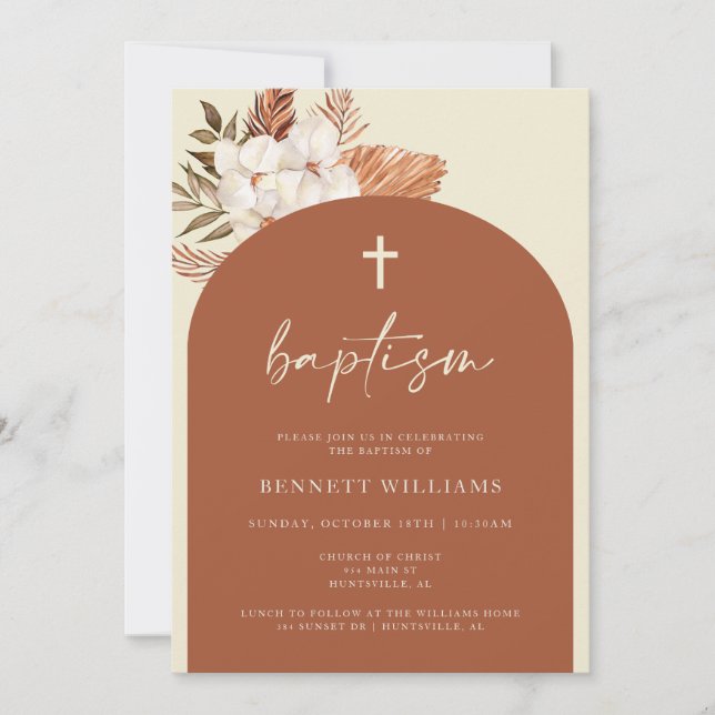 Boho Terra Cotta and Pampas Grass Baptism Invitation (Front)
