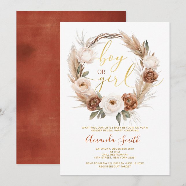 Boho Terracota Flowers Boy or Girl Gender Reveal Invitation (Front/Back)