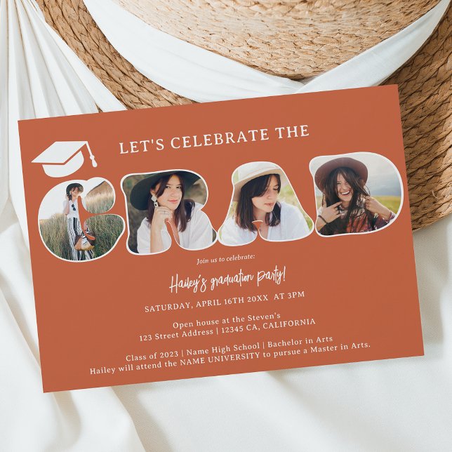 Boho terracotta 3 photos script graduation invitation (Creator Uploaded)