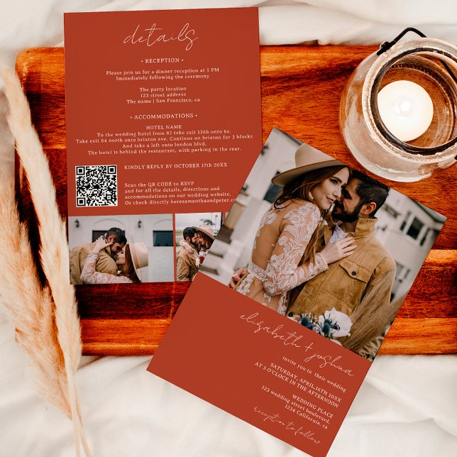 Boho terracotta 4 photo Qr all in 1 wedding Invitation (Modern black white 4 photo Qr all in one wedding Invitation on terracotta)