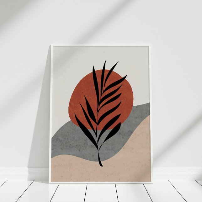 Boho Terracotta Abstract Sun and Landscape Art Poster (Boho Terracotta Abstract Sun and Landscape Art Poster against white wll in white frame.)