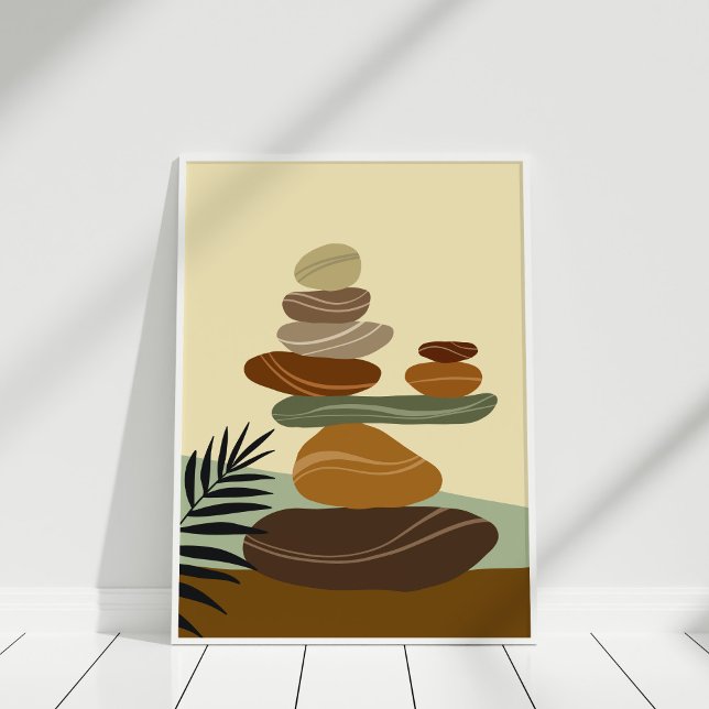 Boho Terracotta Abstract Zen Stones  Poster (Boho Terracotta Abstract Zen Stones Poster in white frame against white wall.)