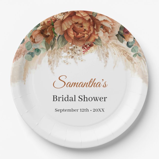 Boho terracotta and burgundy floral pampas paper plate (Front)